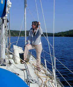 Janee looking for whales on Ken's boat off Halifax NS, June, 2001
