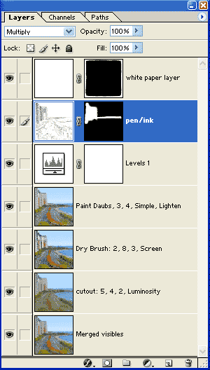 All of the layers for this painting to the left. Note, in particular, the pen/ink layer and its mask, painted to show only the pen/ink for the buildings and the horizon line.